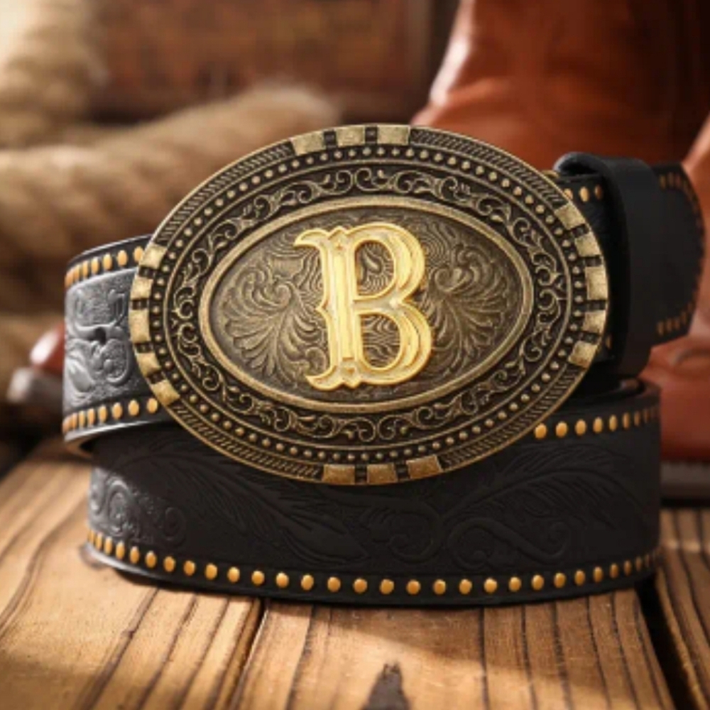 Western Tooled Belt w/ Gold Monogram Buckle | Cowboy Several Letters Available - Picture 5 of 16
